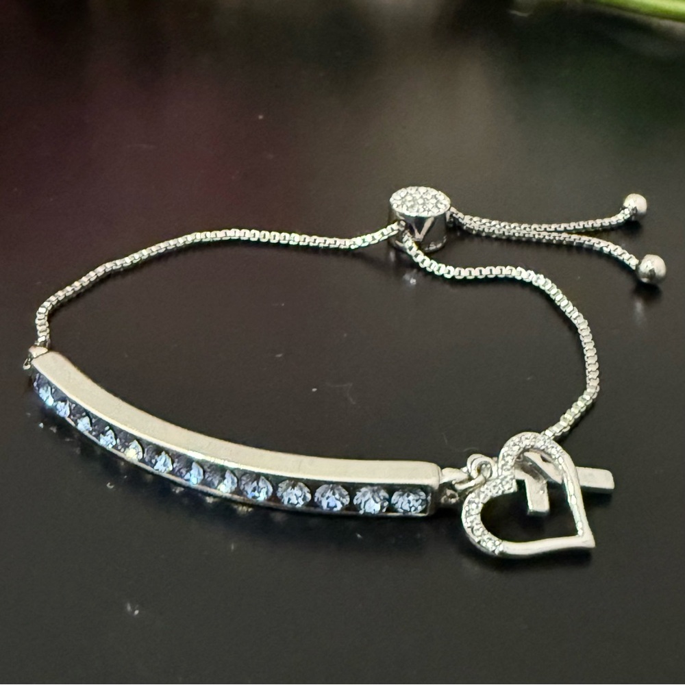 BRILLIANCE Blue Crystal Heart & Cross Bar Beyond Blessed Adjustable Bracelet 10g